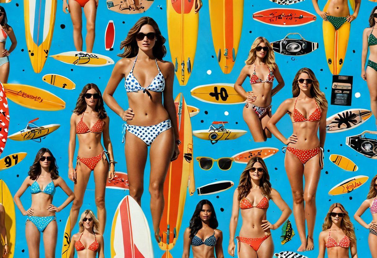 A vibrant collage showcasing famous bikini looks from blockbuster movies over the years, featuring iconic scenes and diverse styles like the classic polka dots, modern sleek designs, and innovative patterns. The background should include a film reel, surfboards, and beach elements to symbolize the connection between fashion and cinema. Use a cinematic glow and high-contrast lighting to bring the images to life. super-realistic. vibrant colors. 3D.